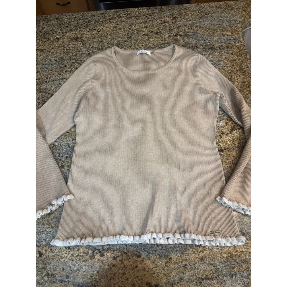 Calvin Klein Womens Ribbed Knit Sweater Tan Lettuce Trim Long‎ Sleeve M